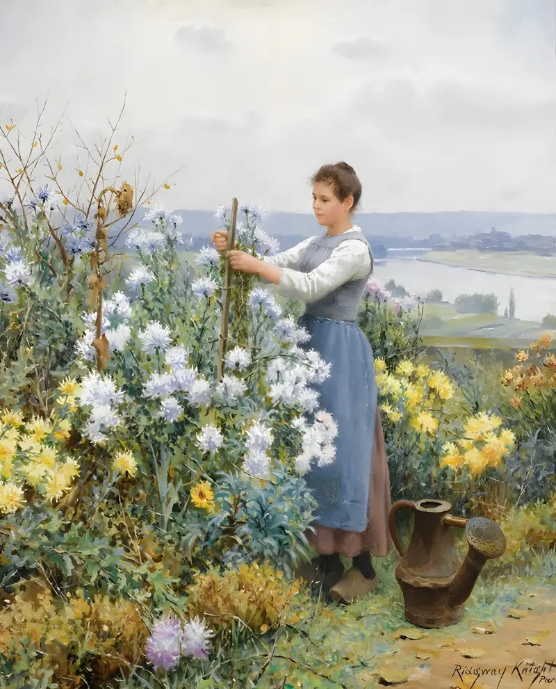 A beautiful still life painting of chrysanthemums by Daniel Ridgway Knight.