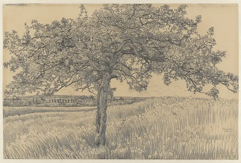 Oil painting by Pieter Dupont depicting an apple tree in a landscape.