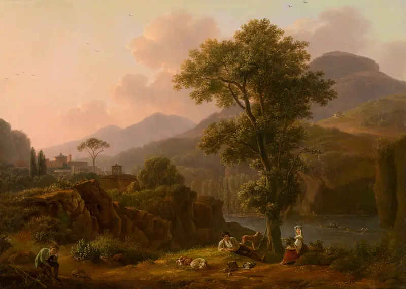 Italian Landscape by Simon Denis, oil on canvas depicting rolling hills, trees, and a blue sky.