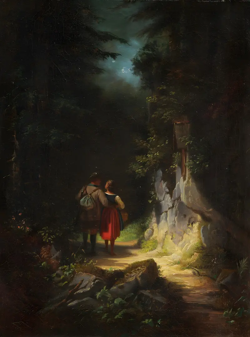 A romantic scene of a hunter and a girl in a lush landscape.