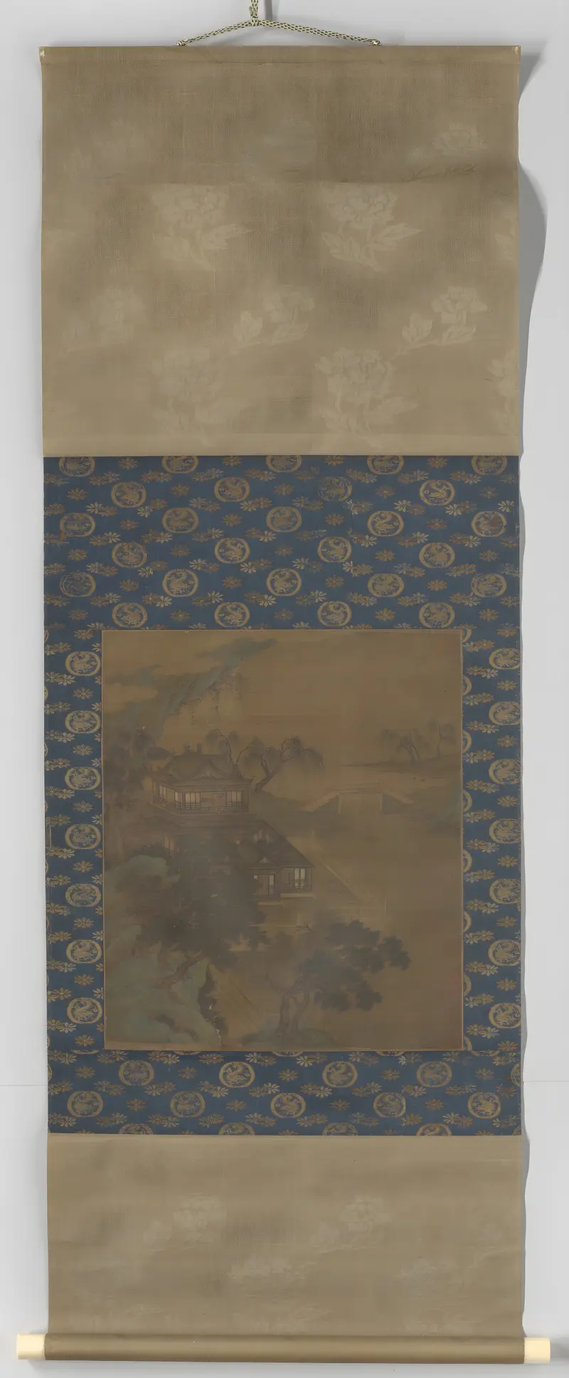 Silk scroll by Zhao Qianli depicting a palace in a landscape.