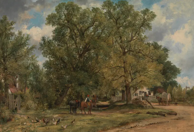 Landscape with Cottages by Frederick Waters Watts, oil painting depicting cottages, rolling hills, and a cerulean sky.