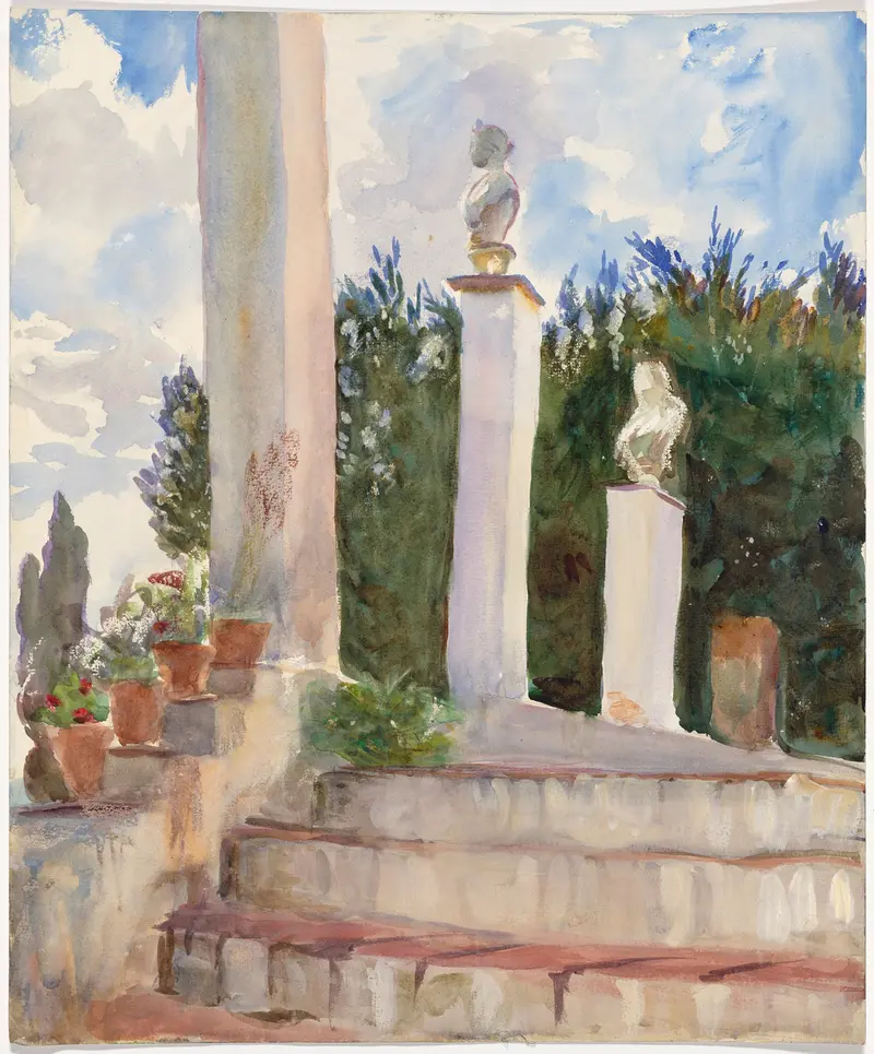 Generalife by Emily Sargent, oil on canvas depicting a garden with a fountain and flowing water.