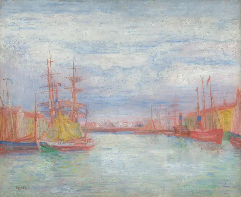 Post-Impressionism oil painting by James Ensor depicting a lively harbor with boats and vibrant water reflections.