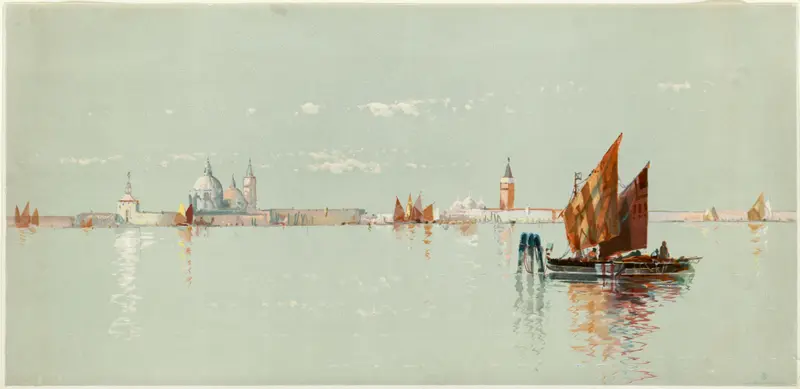 Venetian seascape by Louis Prang & Co., chromolithograph depicting tranquil water and sky.