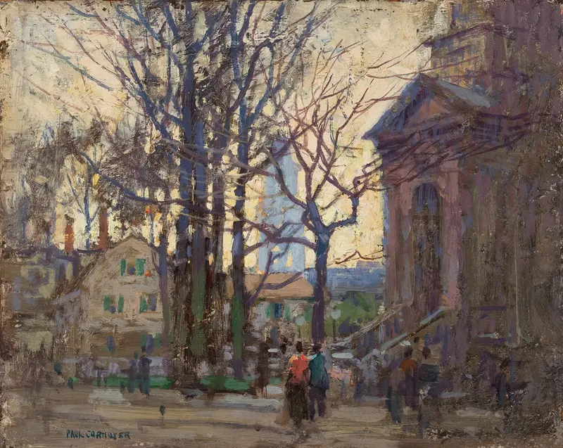 A Gloucester Street by Paul Cornoyer, oil painting of a cobblestone street illuminated by warm golden light.