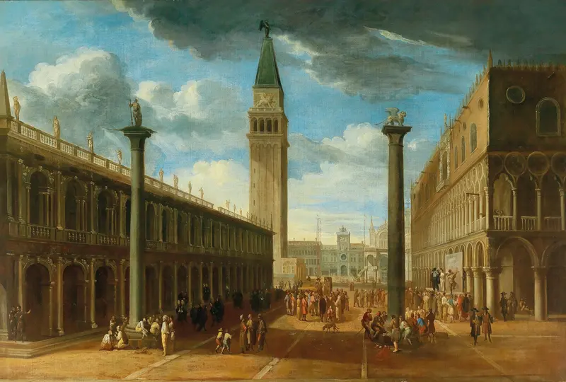 A view of the Piazza San Marco with the clock tower, oil painting by Luca Carlevarijs