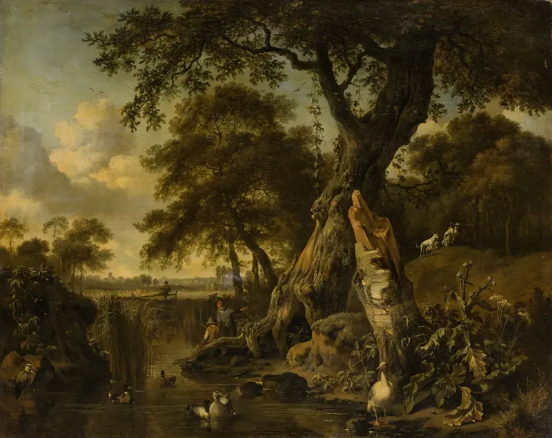 River landscape with fisherman and hunter, oil on canvas by Jan Wijnants