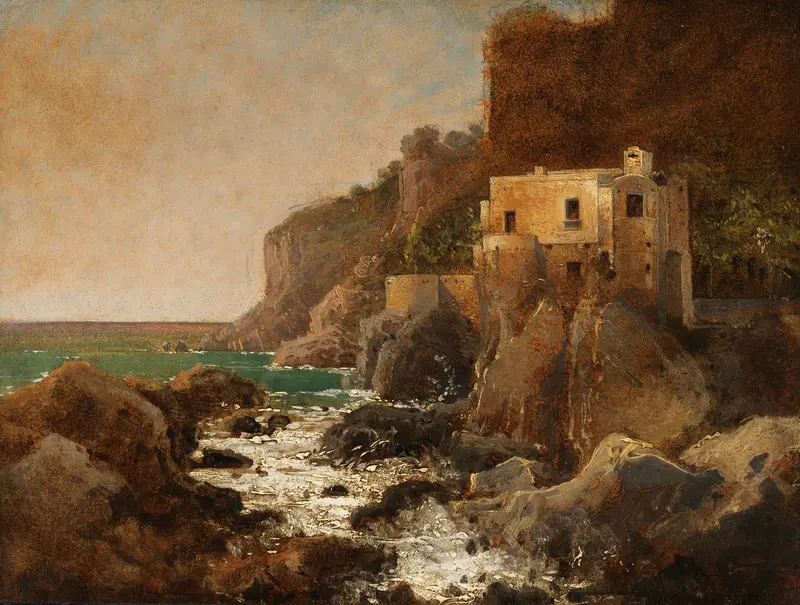 Küste bei Amalfi, oil painting by August Wilhelm Ferdinand Schirmer depicting a coastal landscape with cliffs and sea.