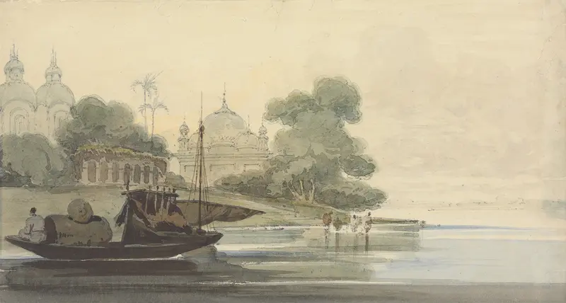 A River in Ceylon by George Chinnery, oil painting depicting a serene river landscape