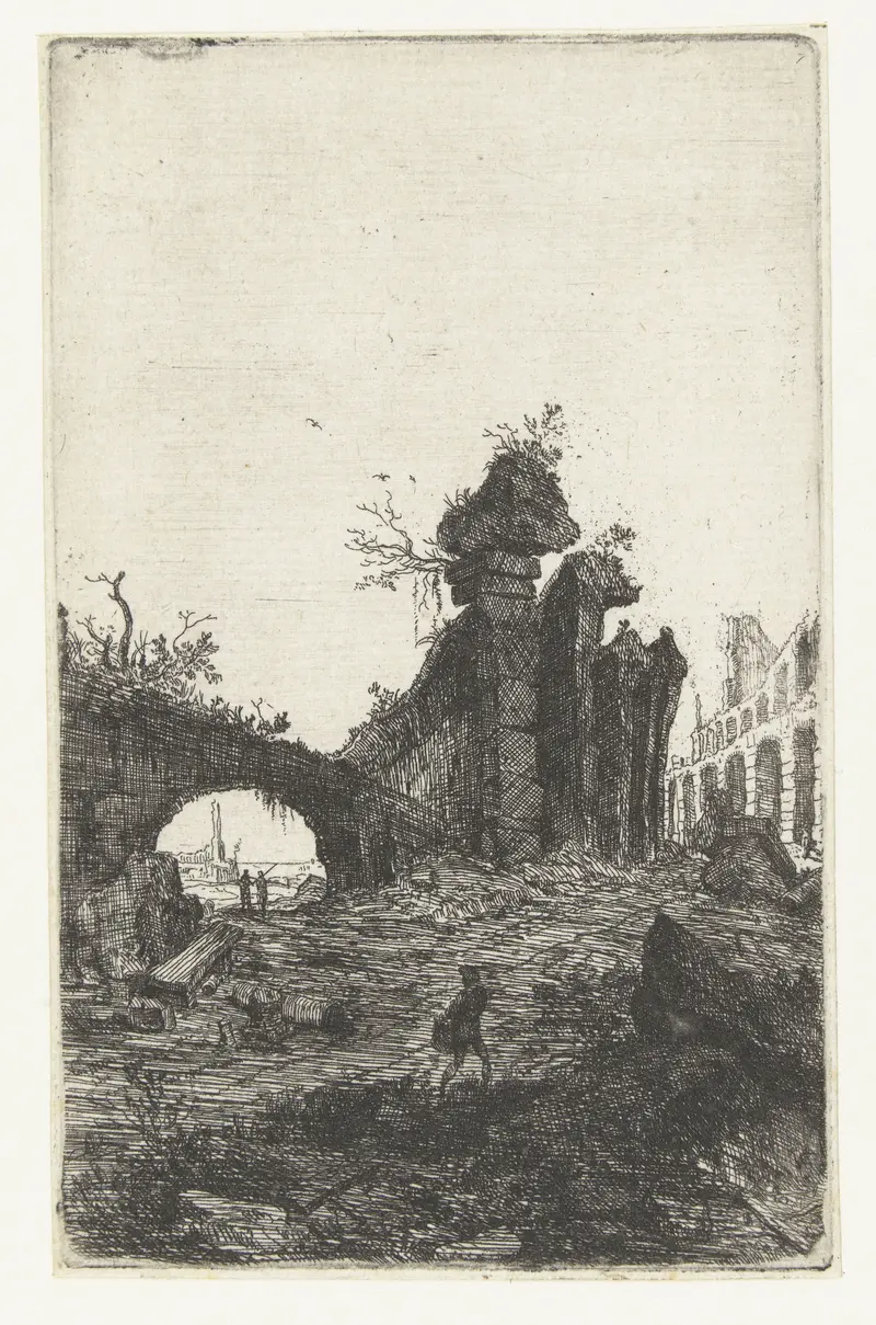 Ruïne van het Colosseum etching by Bartholomeus Breenbergh depicting ancient ruins with soft light.