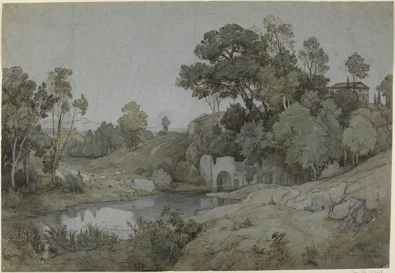 Die Grotte der Egeria, oil painting by Johann Wilhelm Schirmer, depicting a cave with light and shadow.
