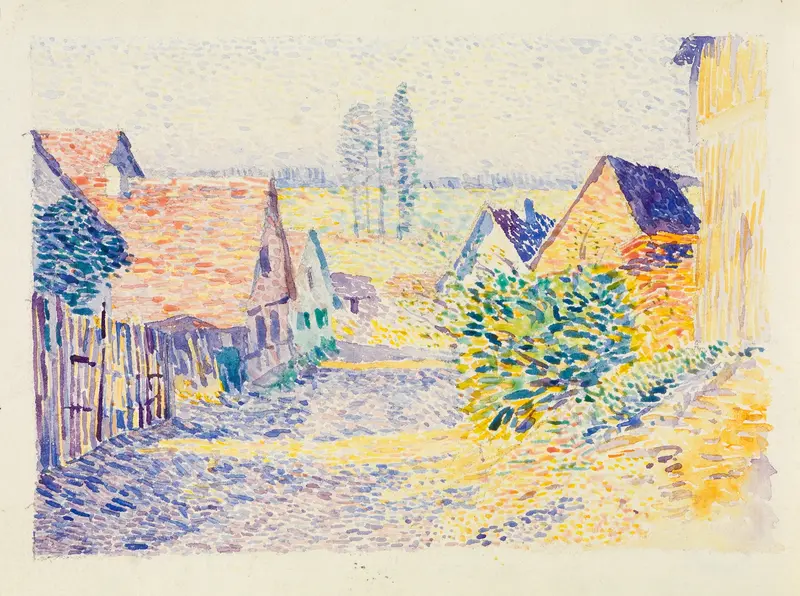 Dorfstraße in Leopoldshafen II, oil on canvas by Alexander Kanoldt, depicting a sunset over a cobblestone path.