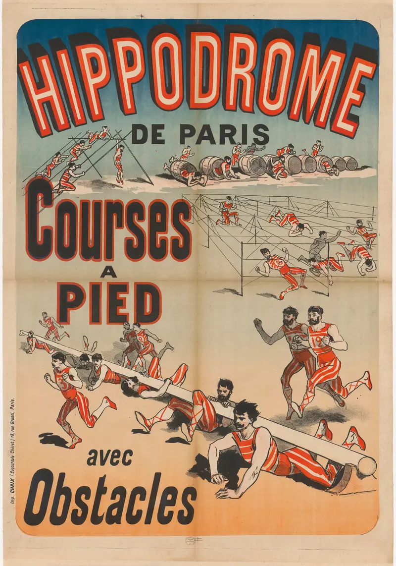 A vibrant depiction of a foot race with obstacles, showcasing dynamic movement and colorful figures.