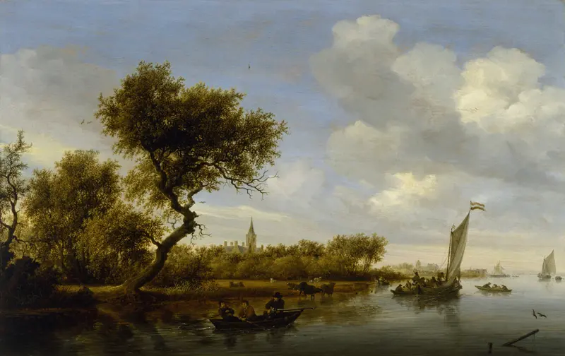 River landscape with a church in the distance, oil on canvas by Jacob Salomonsz. van Ruysdael