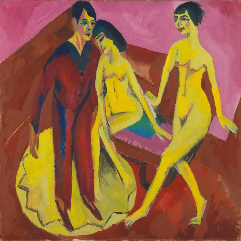 Three figures in a ballet scene, with vibrant colors and dynamic poses, capturing the energy of a dance rehearsal.