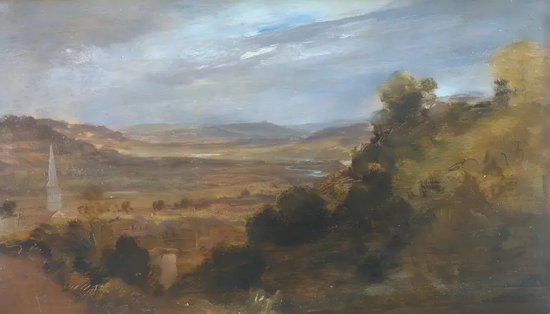 A landscape painting depicting Godalming from the south, showcasing rolling hills and the River Wey.
