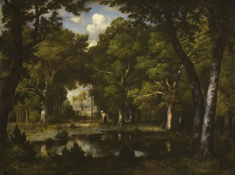 Pond in the Woods, oil on canvas by Narcisse-Virgile Diaz de La Peña, depicting a tranquil forest scene.