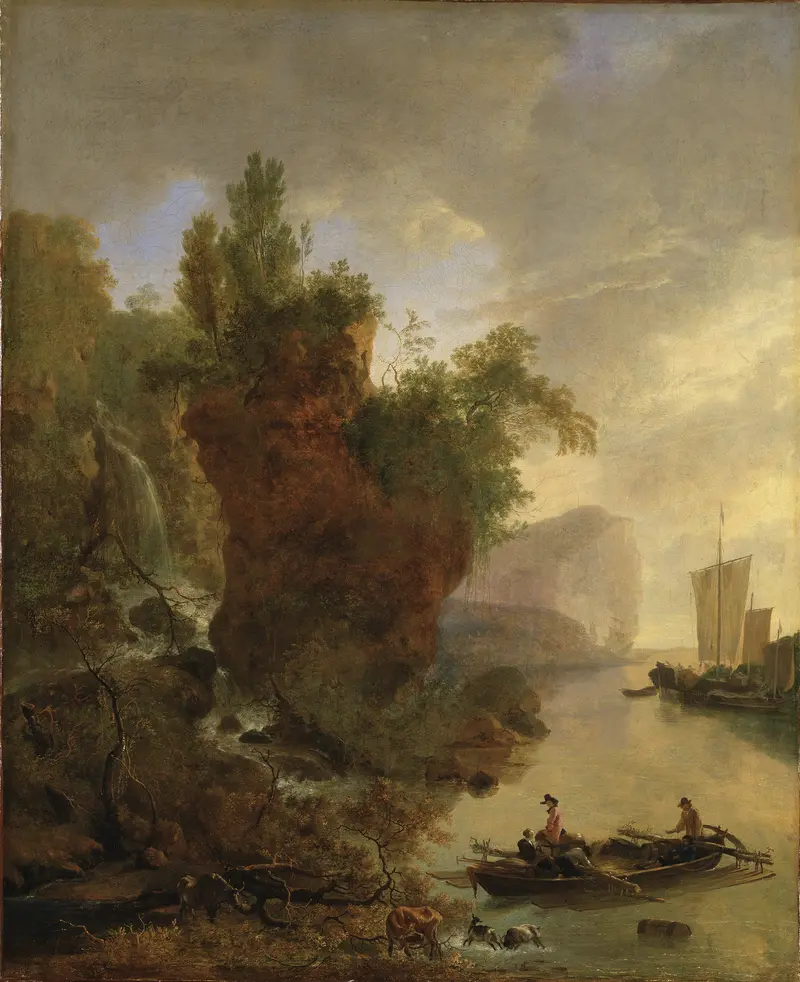 A bay scene with boats, a rocky cliff, and wild greenery under golden light.