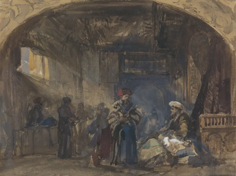 Cairo Bazaar by William James Müller, genre scene depicting merchants and shoppers in a market.