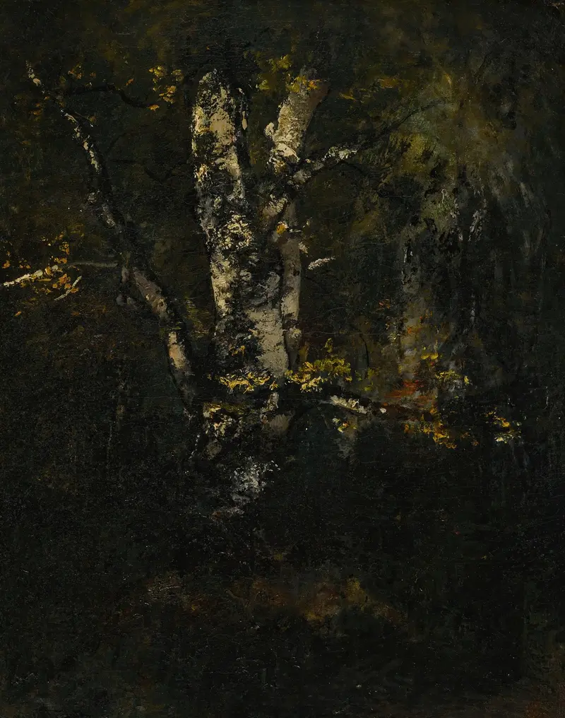 Vieux Troncs De Hêtres by Narcisse-Virgile Diaz de La Peña, oil painting of ancient beech trees at twilight.