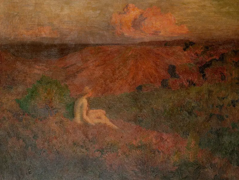 Solitude by Émile-René Ménard, oil painting depicting a figure enveloped in soft light and shadow.