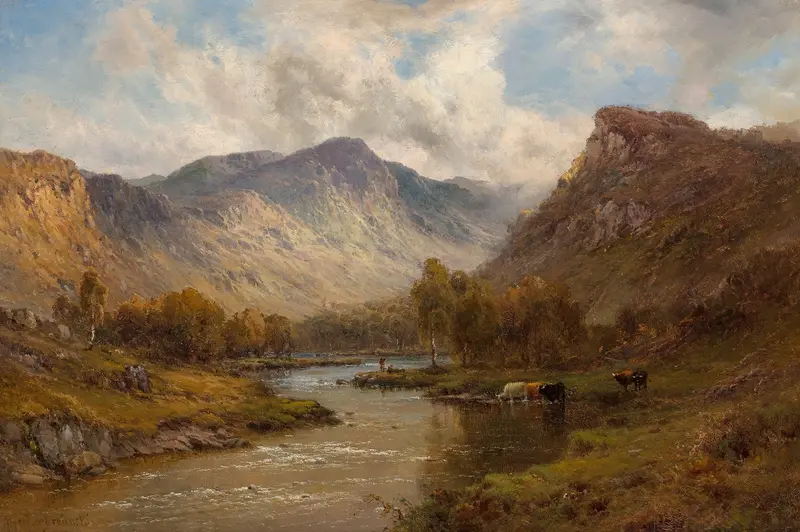 Oil on canvas by Alfred de Bréanski depicting a tranquil river landscape with light filtering through trees
