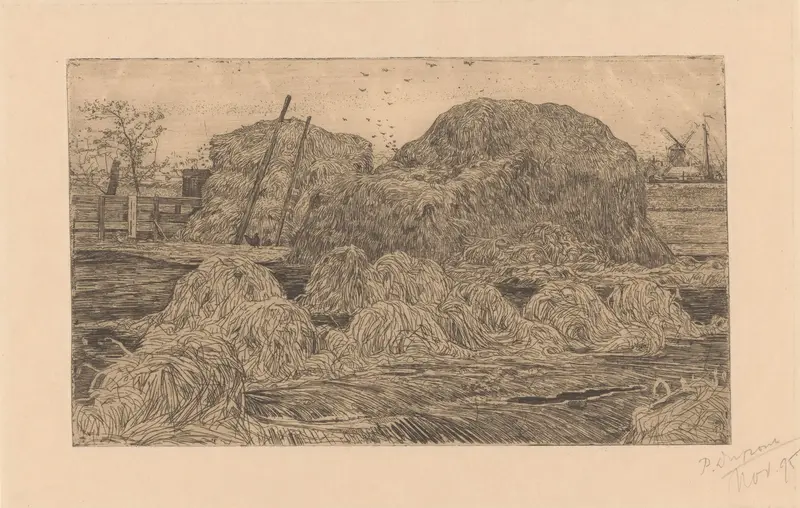 Hooibergen op een akker, oil on canvas by Pieter Dupont depicting haystacks in golden fields.