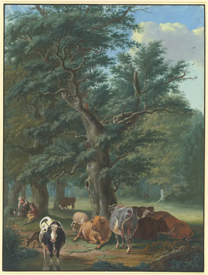 Oil painting by Johann Georg Pforr depicting cattle resting under an oak tree with a woman and deer.