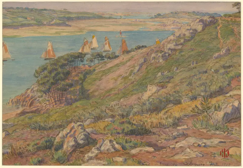 Landscape with a river at twilight by Henri Rivière, oil painting.