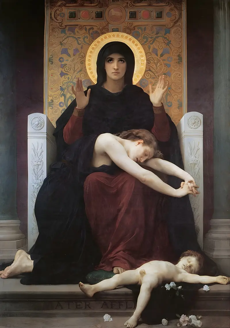 William Bouguereau's 'Virgin Comforter' depicts a serene Virgin Mary with a child.