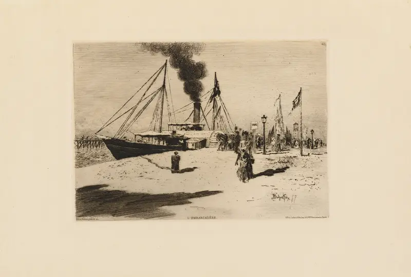 The Pier at Trouville, etching by Félix Hilaire Buhot showing figures under an awning.
