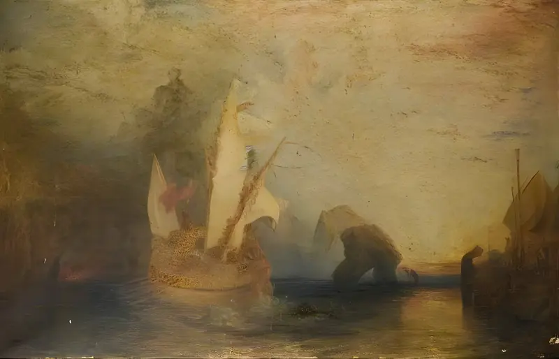 A ship with pale sails glides across dark water toward a colossal crouching giant on a rocky outcrop, with a second vessel moored nearby under a glowing sky.