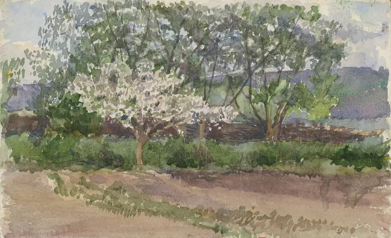 Blooming Tree by Ladislav Mednyánszky, depicting a tree with pink blossoms and soft light, impressionism