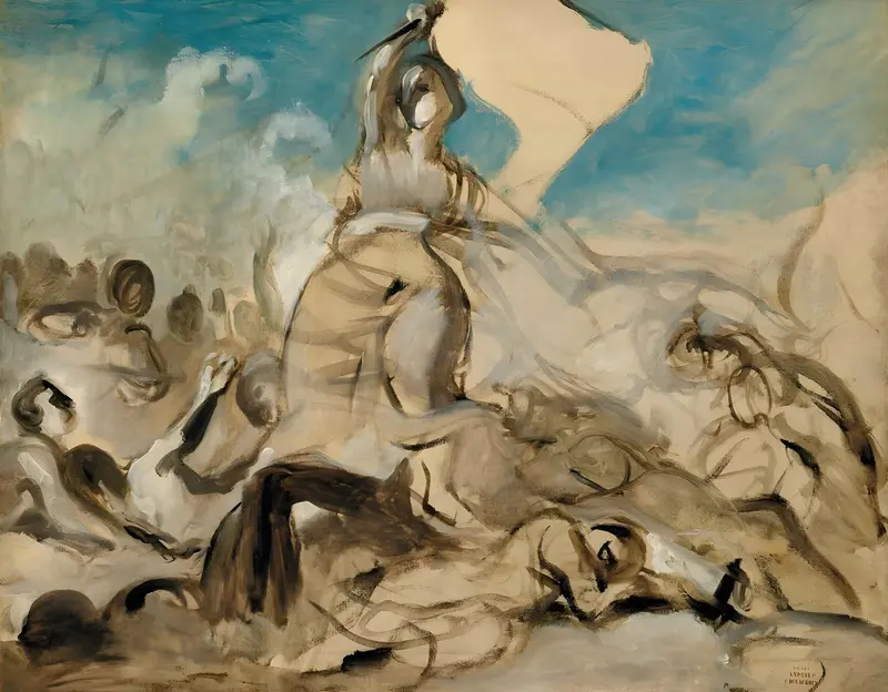 A woman raises a large flag above her head surrounded by a crowd of loosely painted, dynamic figures against a vivid blue and white sky.