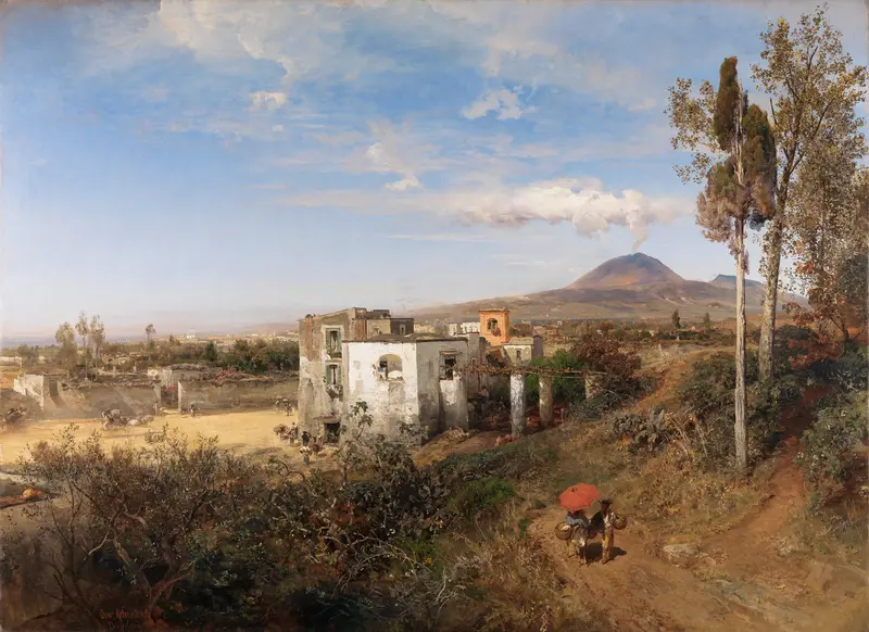Landschaft bei Pompeji, oil painting by Oswald Achenbach, depicting a landscape with trees and dawn light.