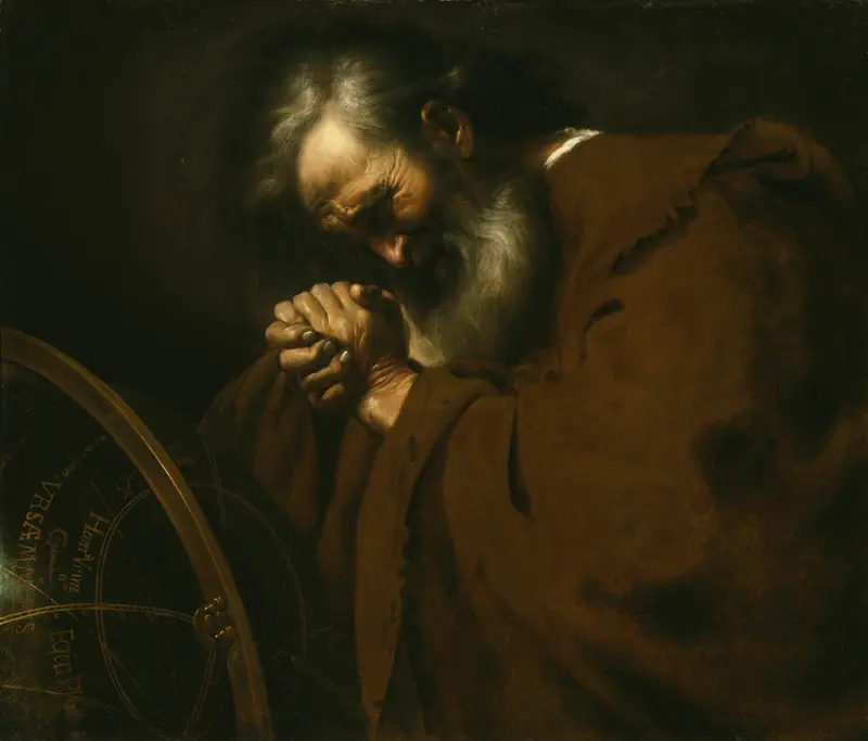 Heraclitus, the Weeping Philosopher, oil on canvas by Spanish, depicting a sorrowful philosopher in contemplation.