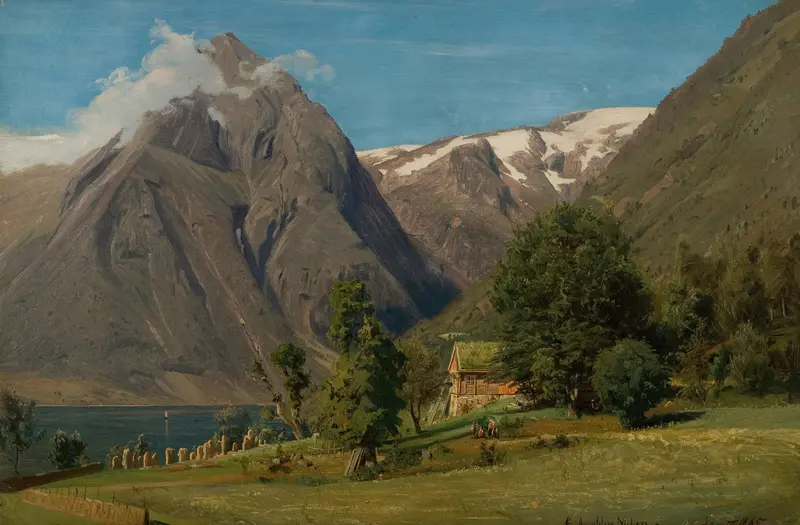 Landscape depicting summer day in Balestrand by Amaldus Nielsen, oil painting