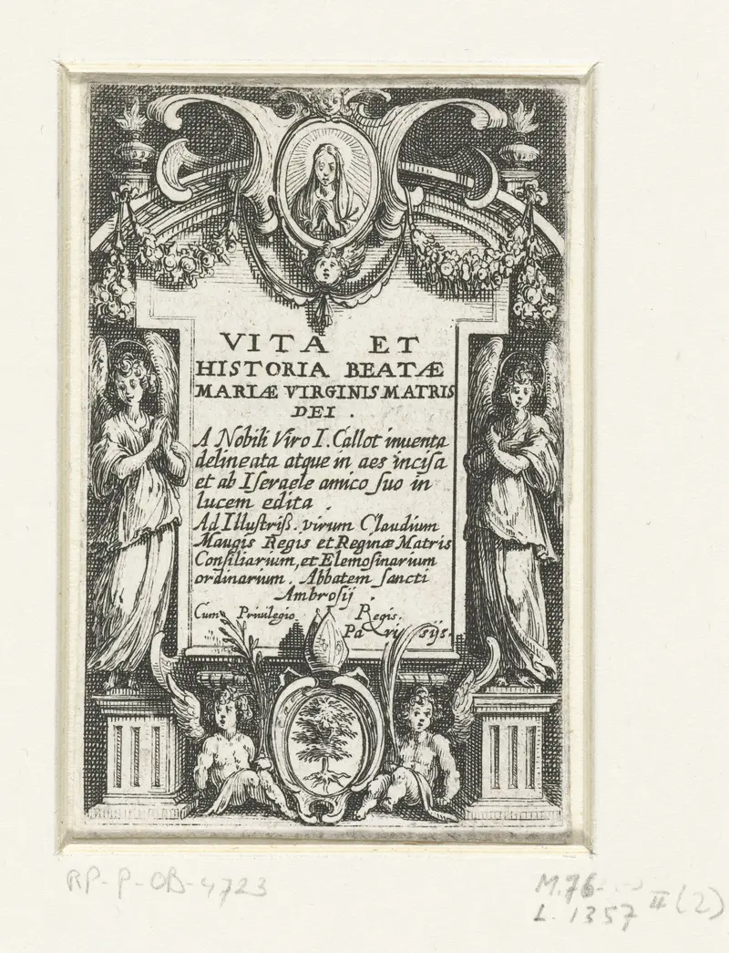 Etching by Jacques Callot depicting the Virgin Mary with intricate details and gold accents.