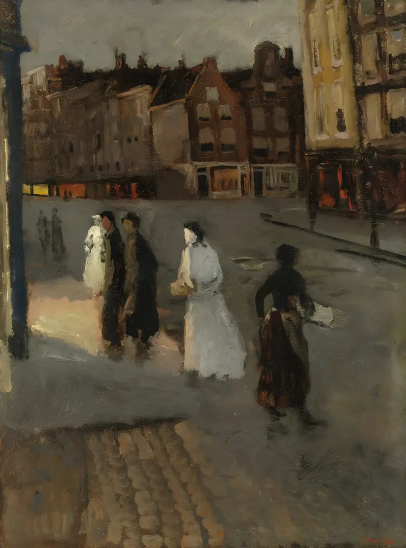 Night scene of Amsterdam with cobblestone street and light reflections, oil on canvas by George Hendrik Breitner.