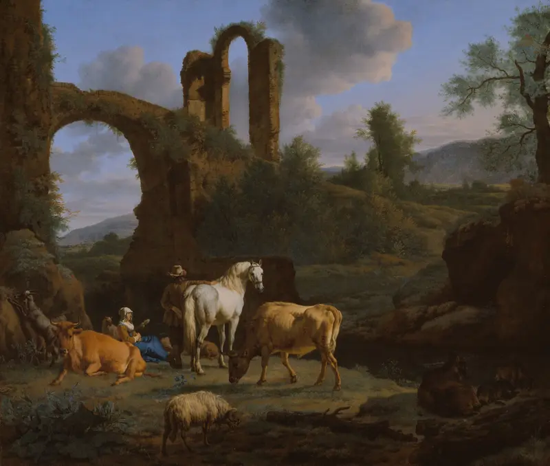 Pastoral landscape with ruins, oil on canvas by Adriaen van de Velde