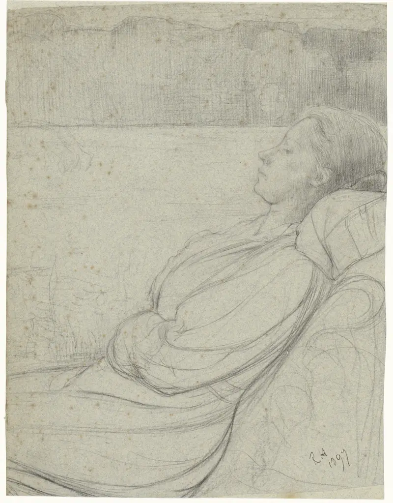 This painting depicts Henriëtte Roland Holst-van der Schalk reclining in a chair.