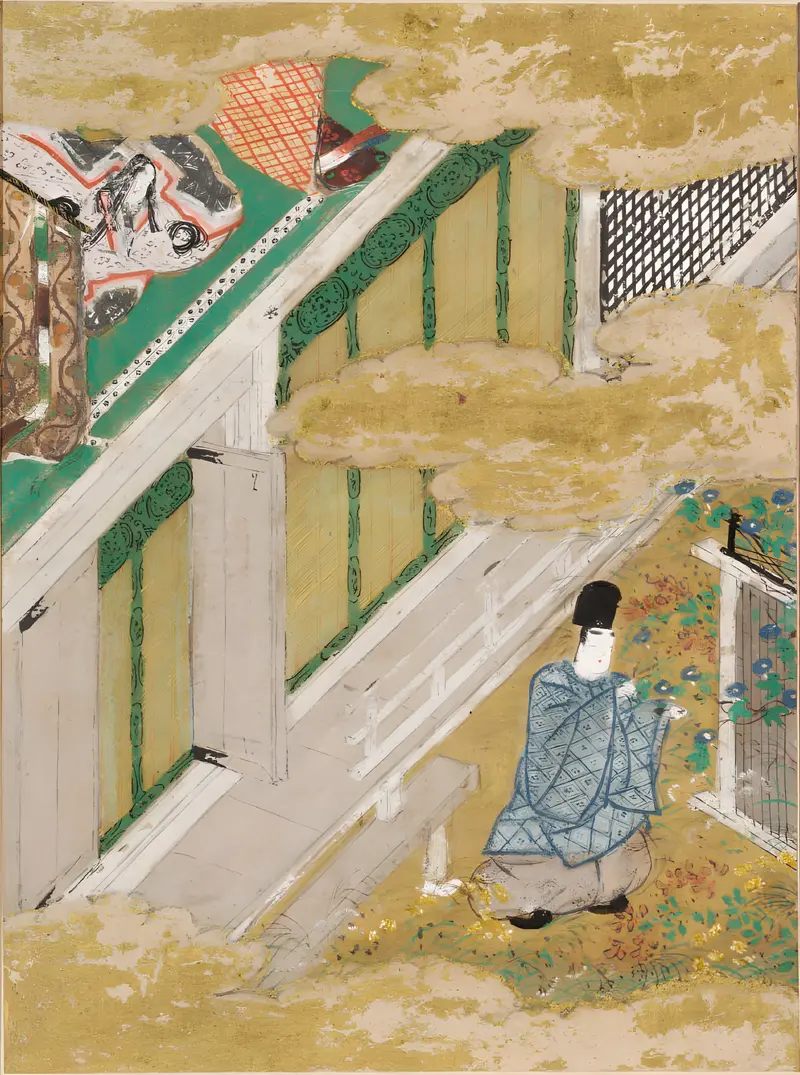 Gold illustration by Tosa Mitsunobu depicting ivy leaves from the Tale of Genji