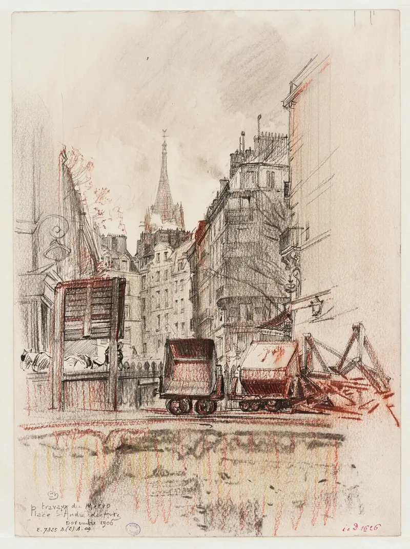 Watercolour by Charles Jouas depicting metro construction in Paris