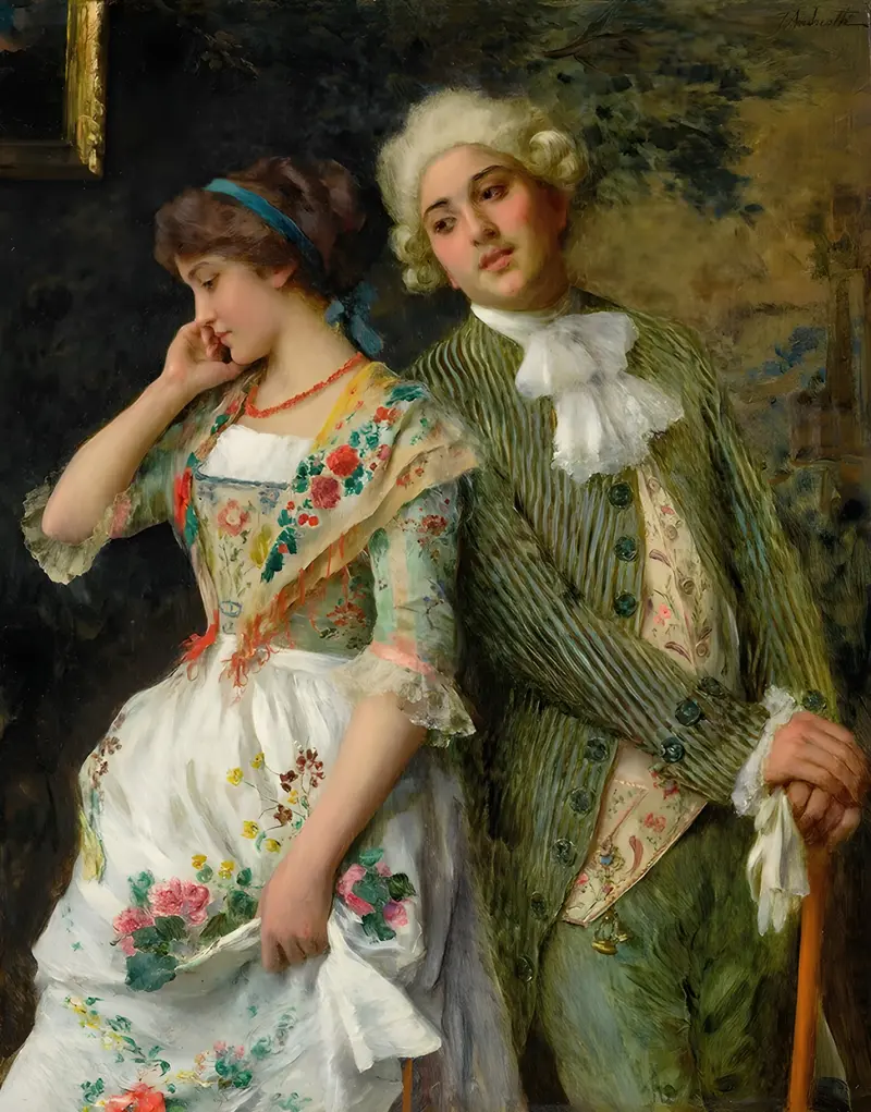 A Bashful Maiden by Federico Andreotti depicts a young woman in a delicate pose.