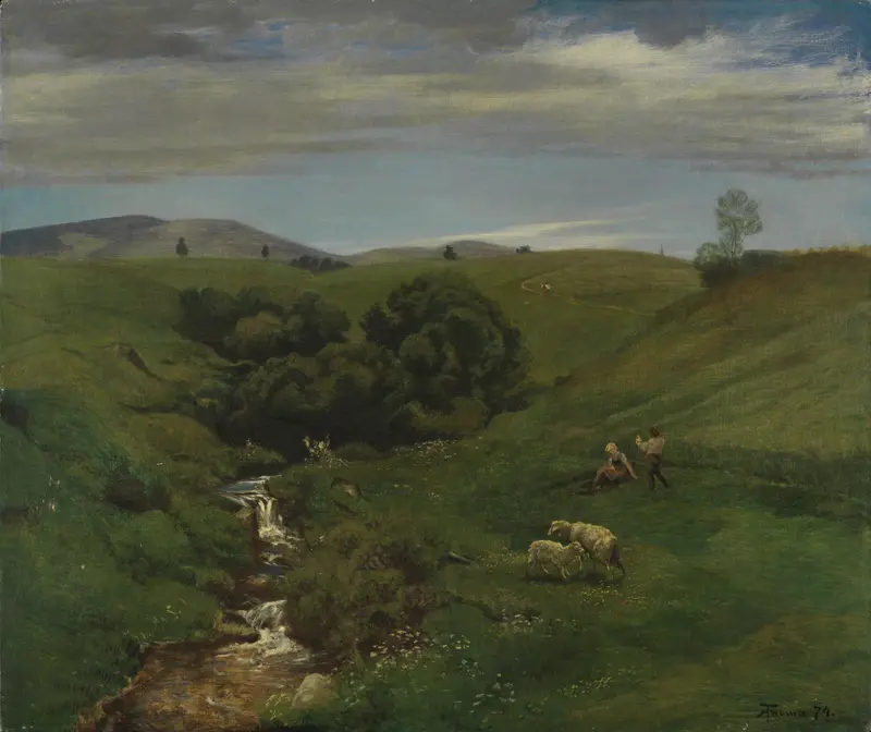 Black Forest Meadow near Bernau by Hans Thoma, oil on canvas, featuring a vibrant green meadow and tall trees