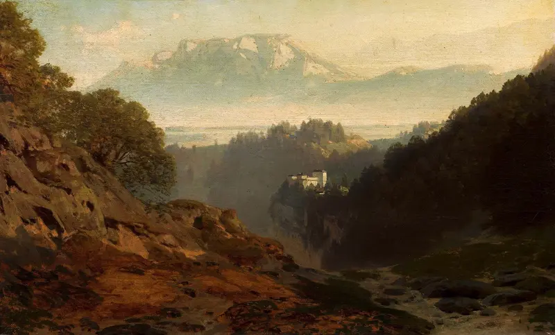 Mountain landscape with a castle by Ludwig Willroider, oil painting