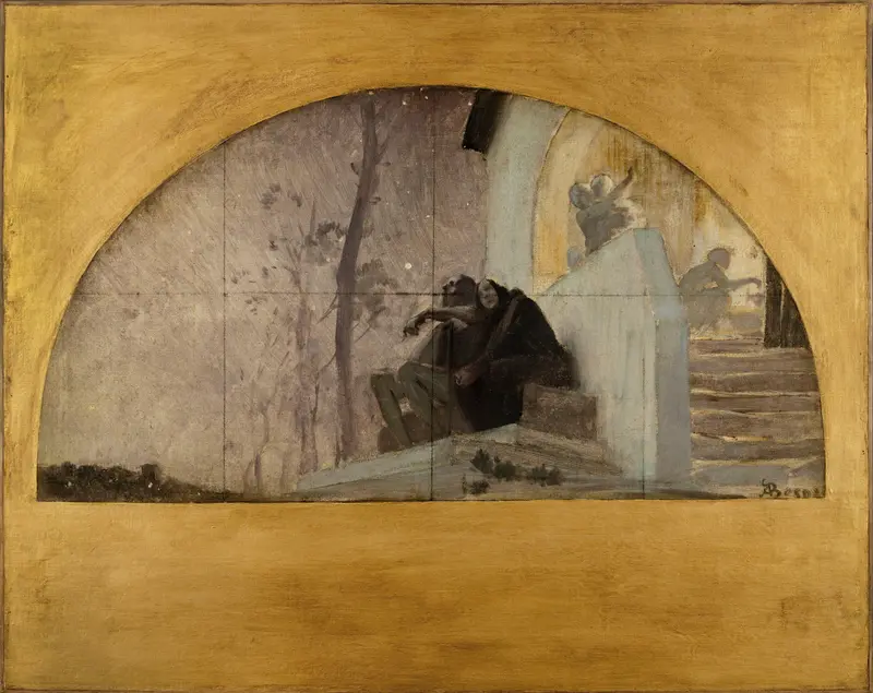 Two figures sit on cold stone steps, enveloped in shadow, with a sculpted angel above them.