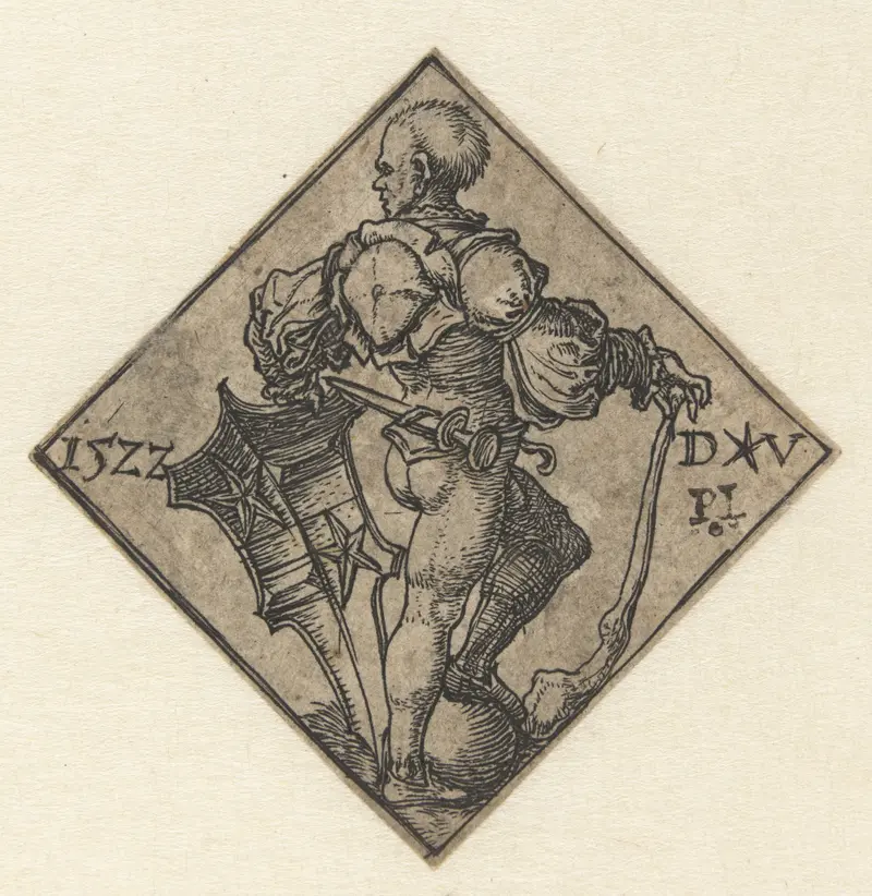 Engraving of a soldier in armor holding a shield by Dirck Vellert