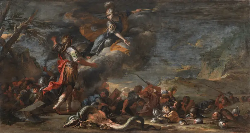 Salvator Rosa's 'The Founding of Thebes' depicts a dramatic historical scene.